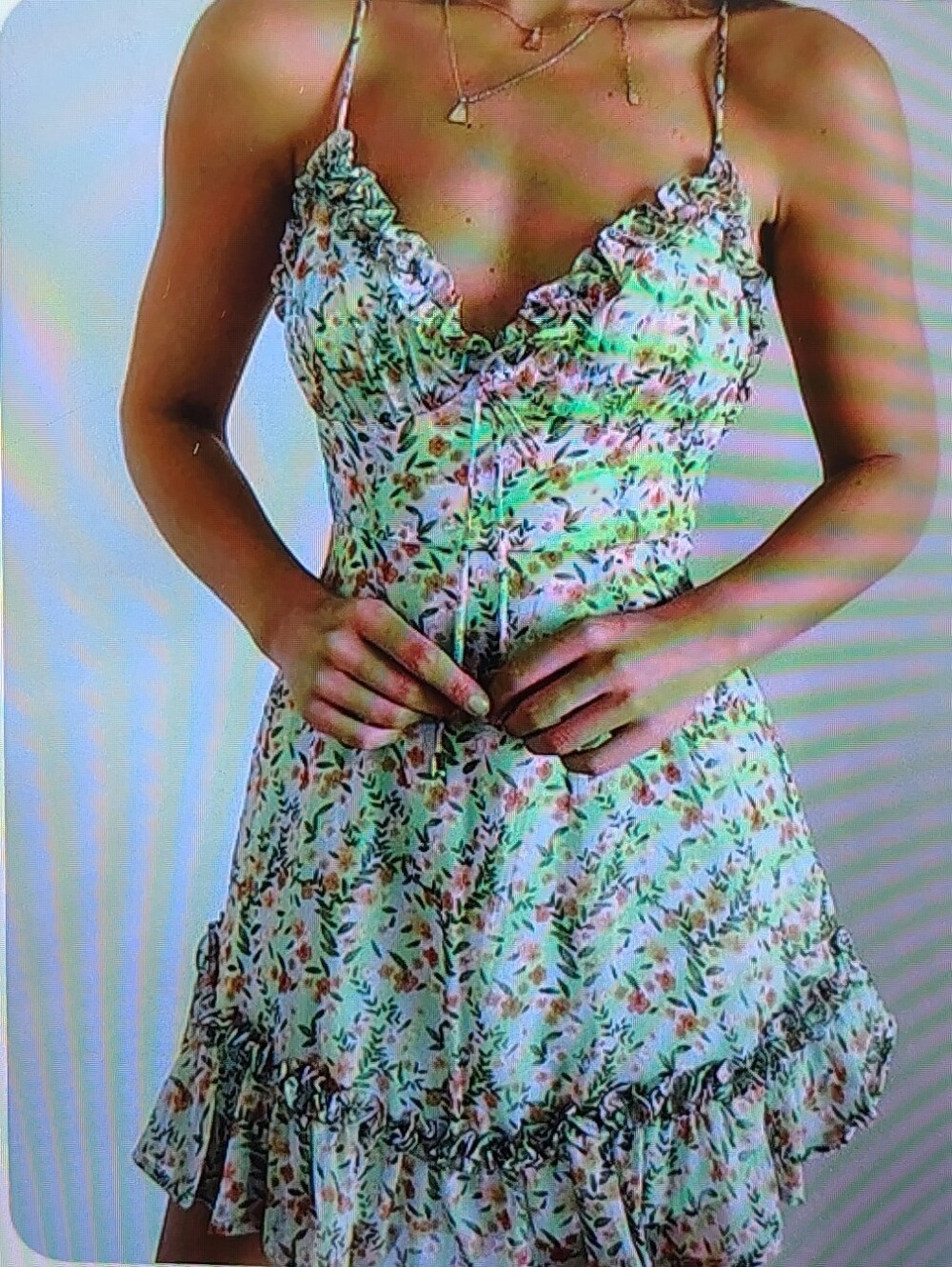 Saints + Secrets Dainty Floral Ruffle Aqua Peach Sundress Sz S